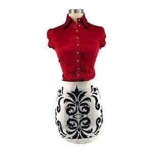 Angl Black Geometric Inspired Ornamental Beaded White Stretch Mini Skirt SzS NWT